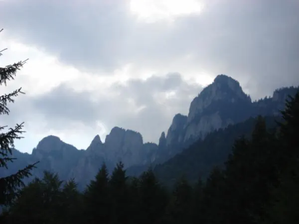 The Ceahlău ridge at dusk, rocky peaks against the sky